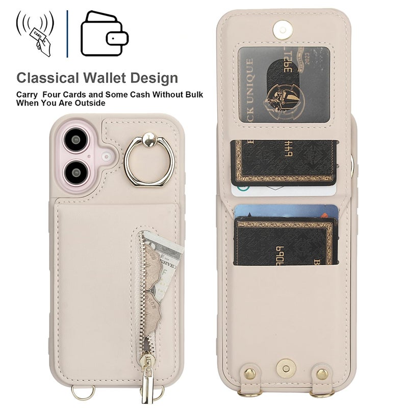 Jcxtrombulous Crossbody Wallet Case for iPhone 16 with Lanyard Strap Card Slot Holder RFID Blocking Ring Kickstand,Magnetic Flip Folio Zipper Purse Case, PU Leather Cover Handbag,Beige - Image 5