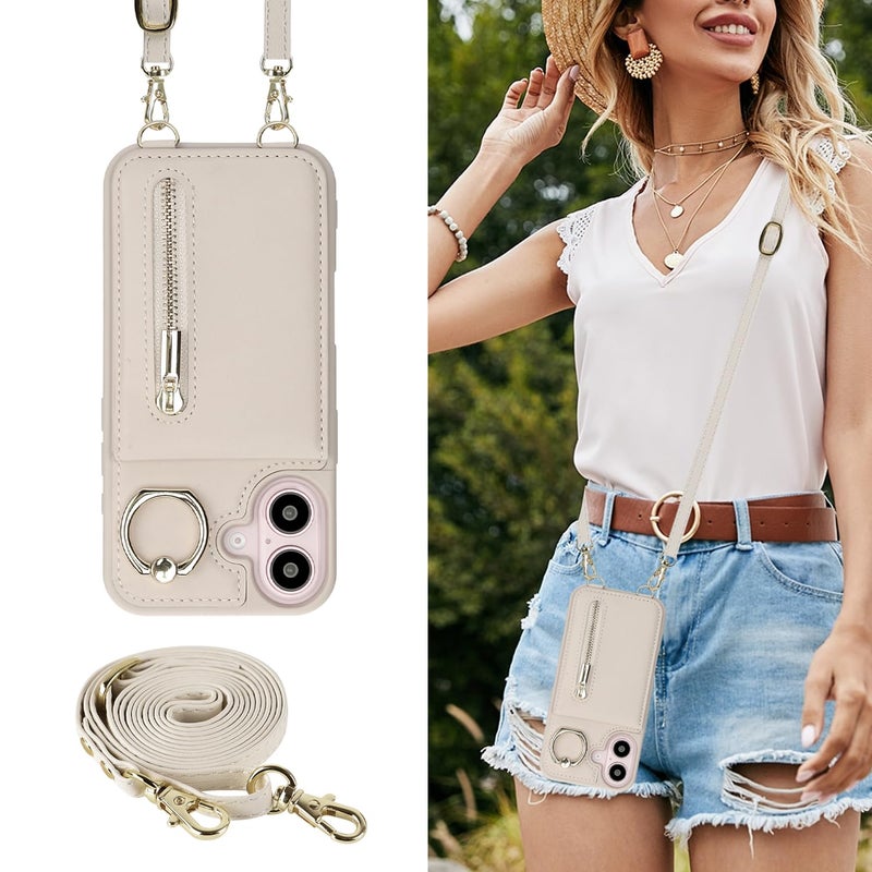 Jcxtrombulous Crossbody Wallet Case for iPhone 16 with Lanyard Strap Card Slot Holder RFID Blocking Ring Kickstand,Magnetic Flip Folio Zipper Purse Case, PU Leather Cover Handbag,Beige - Image 3