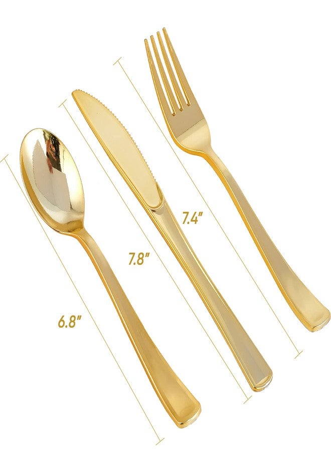FOCUSLINE 300 Count Gold Plastic Silverware Set - 100 Forks, 100 Knives, 100 Spoons - Heavy Duty Plastic Cutlery Set Disposable Flatware for Catering, Parties, Dinners, Weddings - Image 2