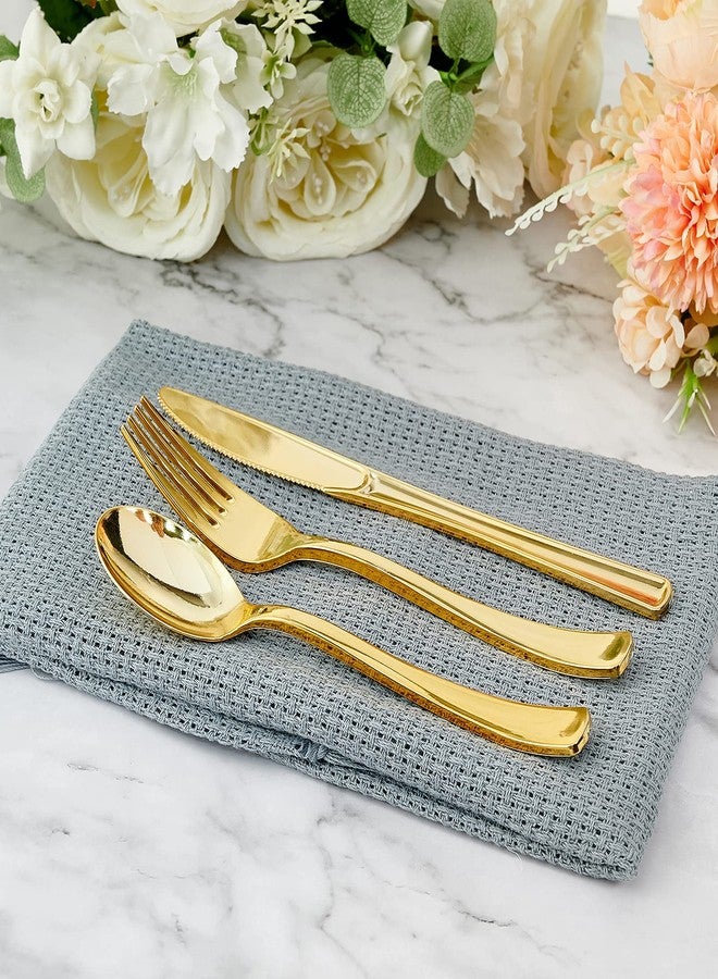 FOCUSLINE 300 Count Gold Plastic Silverware Set - 100 Forks, 100 Knives, 100 Spoons - Heavy Duty Plastic Cutlery Set Disposable Flatware for Catering, Parties, Dinners, Weddings - Image 4