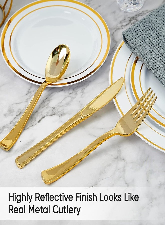 FOCUSLINE 300 Count Gold Plastic Silverware Set - 100 Forks, 100 Knives, 100 Spoons - Heavy Duty Plastic Cutlery Set Disposable Flatware for Catering, Parties, Dinners, Weddings - Image 5