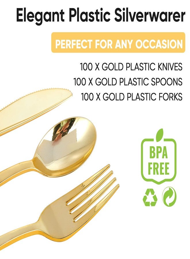 FOCUSLINE 300 Count Gold Plastic Silverware Set - 100 Forks, 100 Knives, 100 Spoons - Heavy Duty Plastic Cutlery Set Disposable Flatware for Catering, Parties, Dinners, Weddings - Image 3