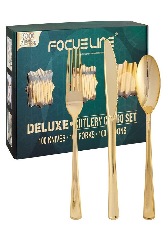 FOCUSLINE 300 Count Gold Plastic Silverware Set - 100 Forks, 100 Knives, 100 Spoons - Heavy Duty Plastic Cutlery Set Disposable Flatware for Catering, Parties, Dinners, Weddings - Image 1