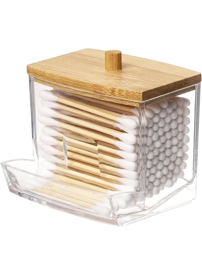 Acrylic Cotton Swab Dispenser with Natural Bamboo Lid – Q-Tip Holder and Bathroom Storage Organizer for Cotton Balls, Pads, and Swabs – Clear Vanity Jar for Bathroom, Bedroom, or Dresser - Image 1