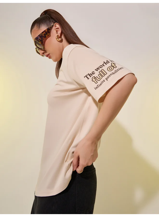 تايك تو Take Two Round Neck Slogan Print T-Shirt