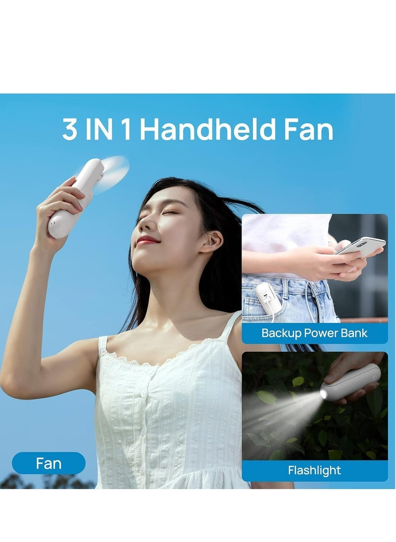 Captaintech Portable Handheld Fan, Mini Pocket Hand Fan, Small Battery Operated 14-21 hours, USB Rechargeable Foldable Fan, Quiet Personal Fan with Power Bank, Flashlight for Indoor, Outdoor - White  - Image 2