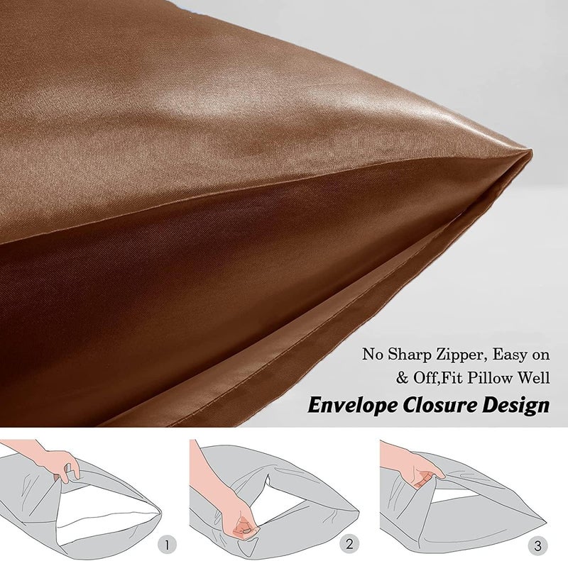 Rylan Pillow Cover RYLAN Satin Silk Pillow Cover for Hair and Skin 2 Piece with 3 Piece |Silk Pillow Covers with Envelope Closure end Design|Silk Pillow Cases 600 TC (Brown) - Image 4