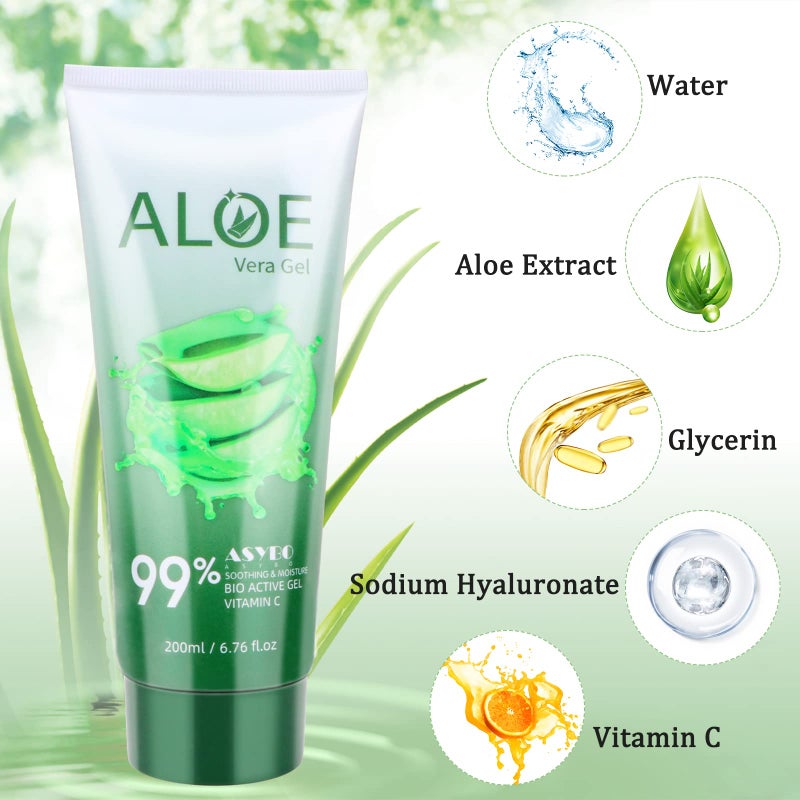 ASYBO 200x2 ML Aloe Vera Gel â€“ 99% Organic Pure Aloe Vera Hydrating Face & Body Moisturizer, Natural Aloe Cream for Dry Skin, Sunburn, Acne, Soothing & Moisturizing - Image 2
