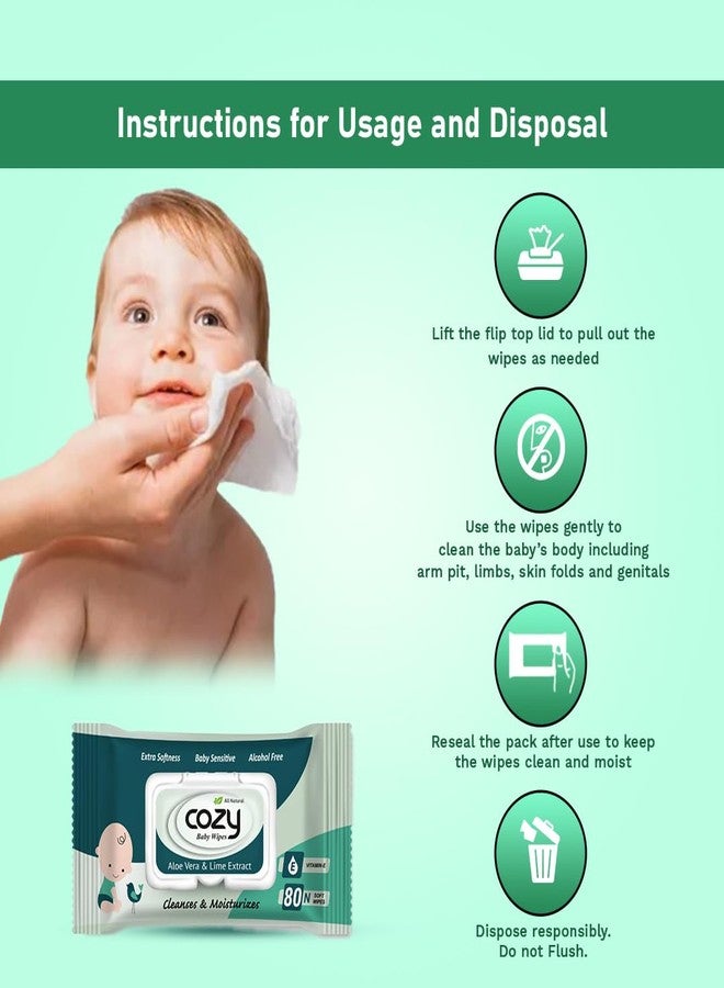 Cozy Baby Wipes, Red Alcohol free, soft and strong, aloe vera and lime extract, vitamin E, Extra softness, baby sensitive, alcohol free, 15 cm x 20 cm (80 Count (Pack of 1) - Image 3