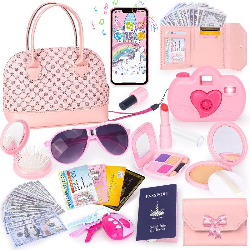 KUBUSFLY Toddler Play Purse for Little Girls 35PCS Kids Purse with Pretend Play Princess Toys Includes Handbag Camera Phone Wallet Key Kids Purse Birthday Gift for Girls Toddler Age 3 4 5 6 - Image 2