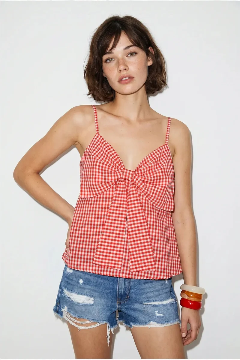 بيانكو لوتشي LUCCI Cotton-Blend V-Neck Cami Blouse With Bow Detail