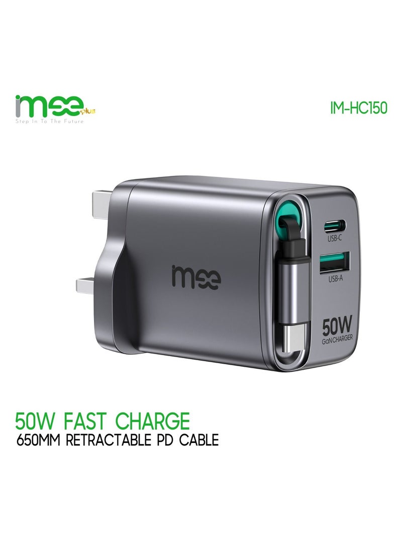 iMee IM-HC150 High-Performance 50W Fast Wall Charger with Dual Output and Retractable PD Cable - Image 1
