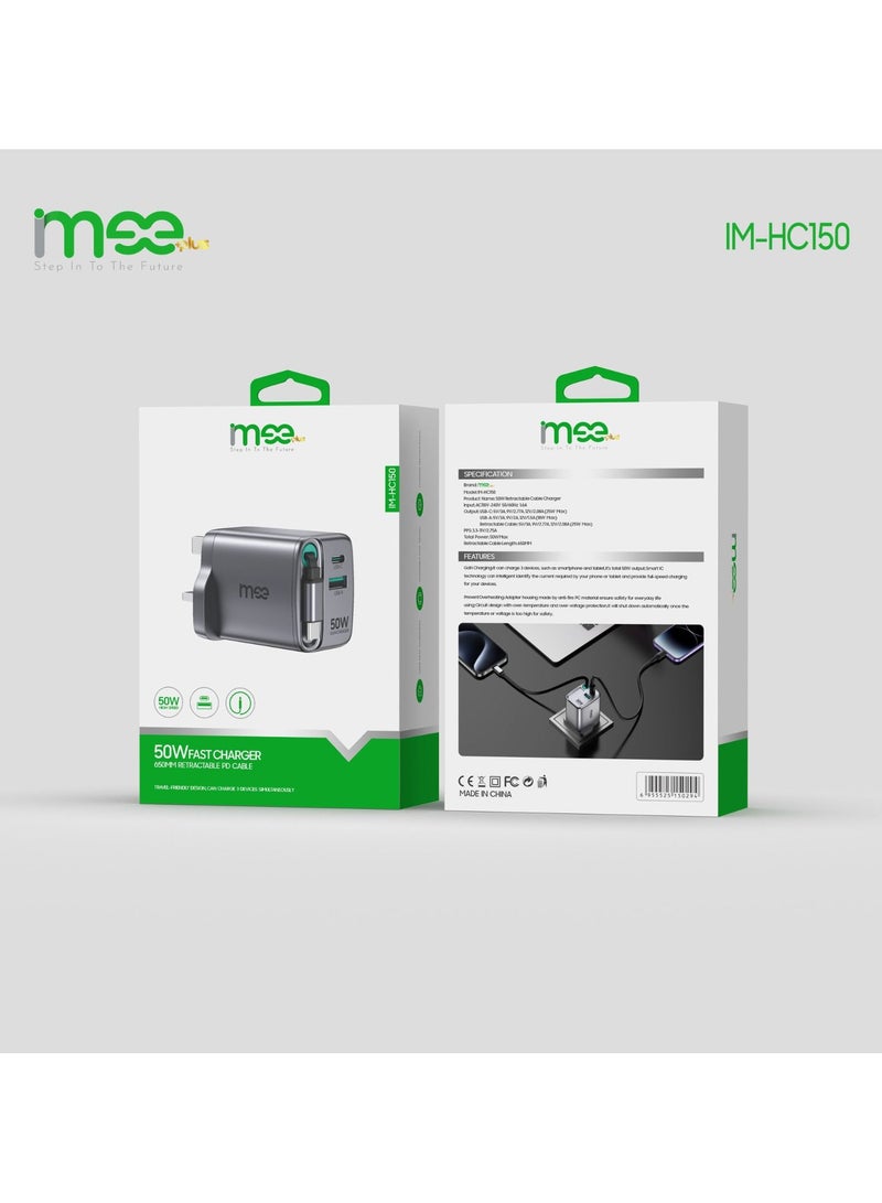 iMee IM-HC150 High-Performance 50W Fast Wall Charger with Dual Output and Retractable PD Cable - Image 3