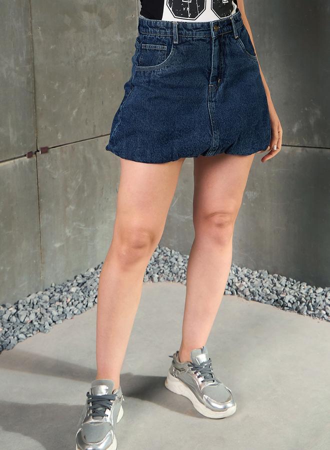 SASSAFRAS Women Blue Washed Balloon Hem Denim Mini Skirt - Image 1
