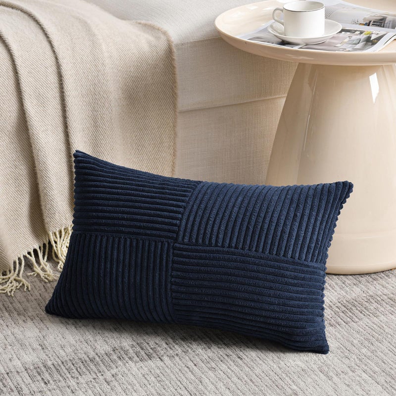 Fancy Homi Navy Blue Lumbar Decorative Throw Pillow Covers 12x20 Inch for Living Room Couch Rustic Farmhouse Boho Home Decor Soft Striped Corduroy Rectangle Accent Cushion Case 30x50 cm