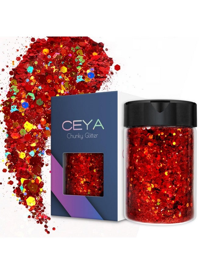 ceya Holographic Chunky Glitter 4.9Oz/ 140G Red Craft Glitter Powder Mixed Chunky Fine Flakes Iridescent Nail Sequins For Nail Art Hair Epoxy Resin Tumblers Slime Painting Festival Decor - Image 1