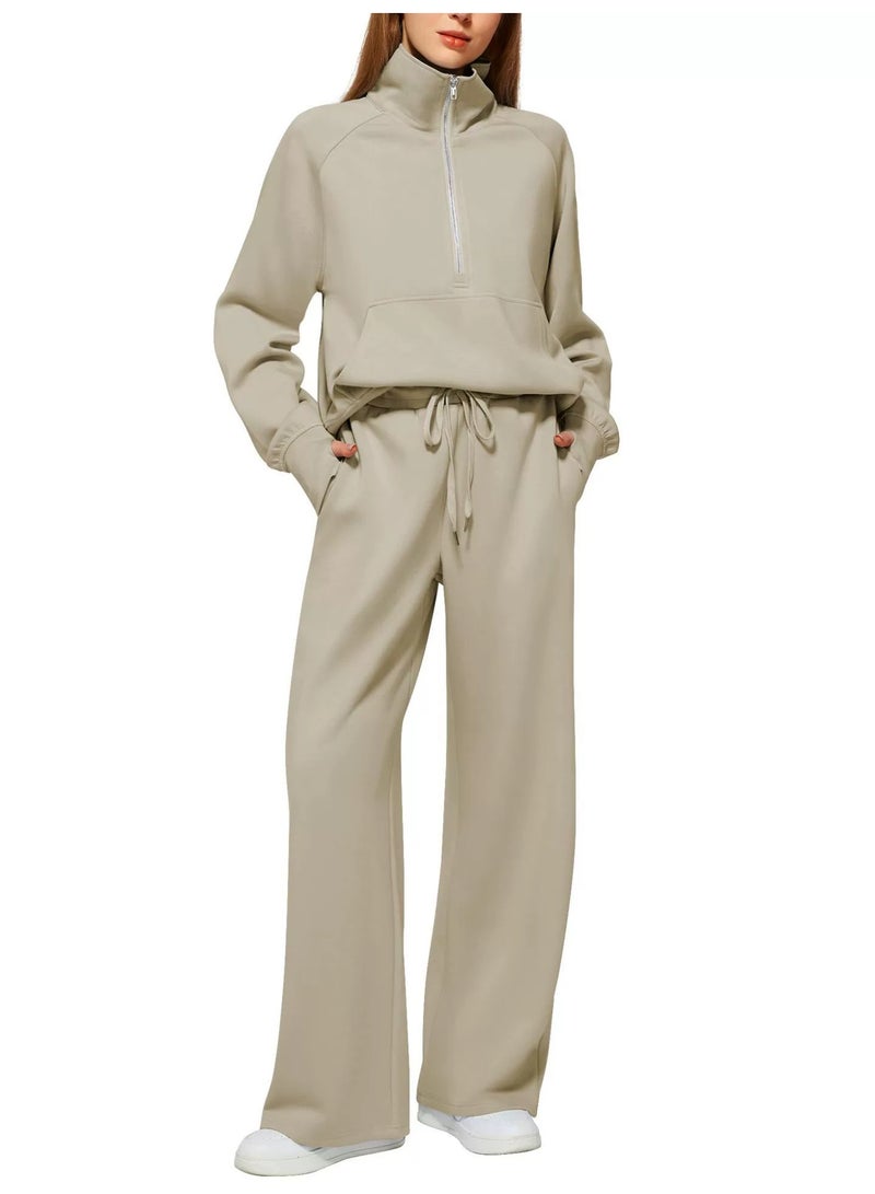 general 2025 - 2026 Women's Two-Piece Ultra-Large Half-Zip Sweatshirt and Wide Leg Sweatpants Casual Set - Image 1