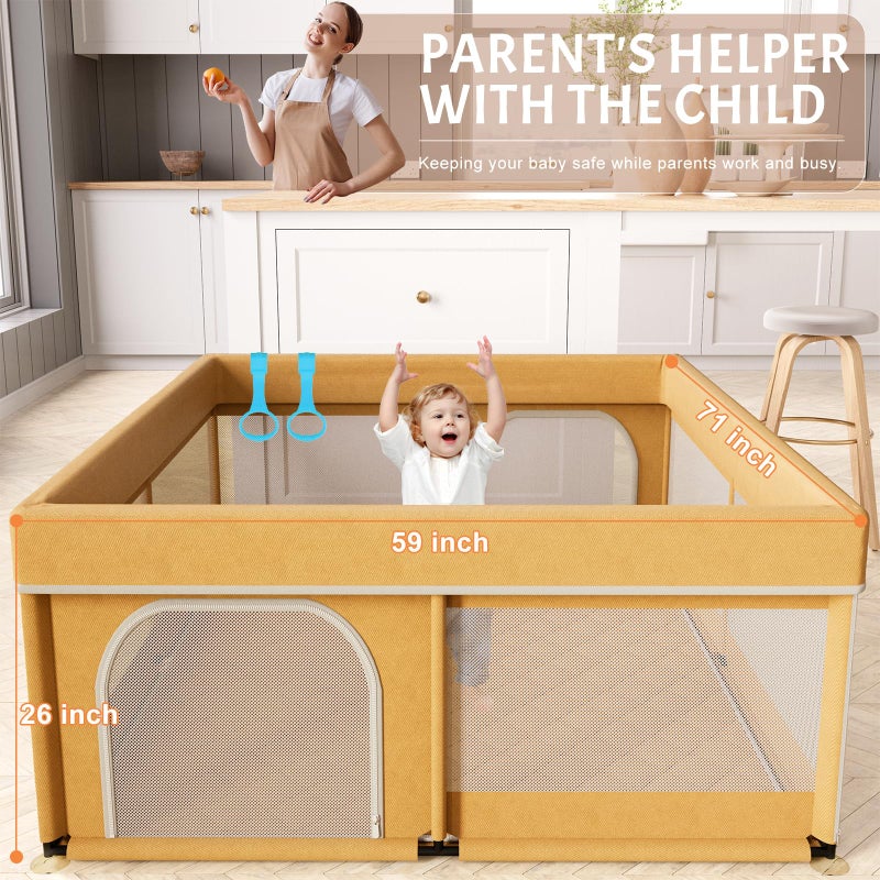 Omzer Baby Playpen with Mat 71"Ã—59" - Extra Large Playpen for Babies and Toddlers with Mat Included, Safety Playard for Baby with Gate, All-Wrapped Soft Sponge Baby Gate Playpen with Stable Mat Velcro - Image 2