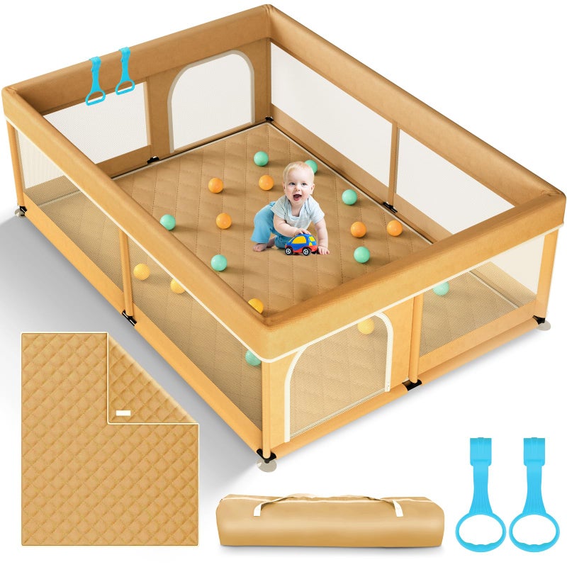 Omzer Baby Playpen with Mat 71"Ã—59" - Extra Large Playpen for Babies and Toddlers with Mat Included, Safety Playard for Baby with Gate, All-Wrapped Soft Sponge Baby Gate Playpen with Stable Mat Velcro - Image 1