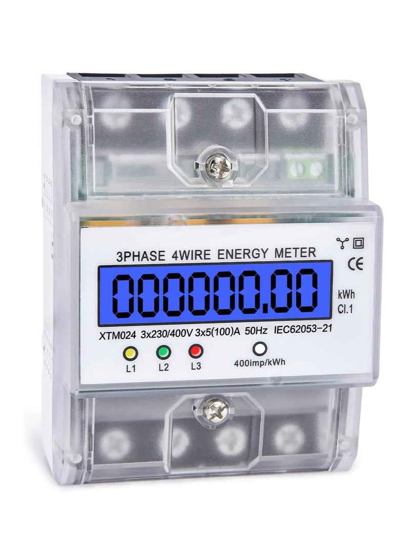Digital 3 Phase Electricity Meter, Calibrated Three Wire Current Meter for 230/400V Power Systems, Top Hat Rail Mounted with LCD Display (5-100A)  - Image 1
