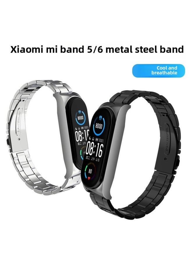 Generic - Suitable For Mi Bracelet 6 Strap Mi 5 Generation Nfc Metal Protective Shell Stainless Steel Three Beads Smart Bracelet Wrist Strap-Color:Upgraded Mi Bracelet 5/6 Universal Three Beads-rose Pink - Image 1