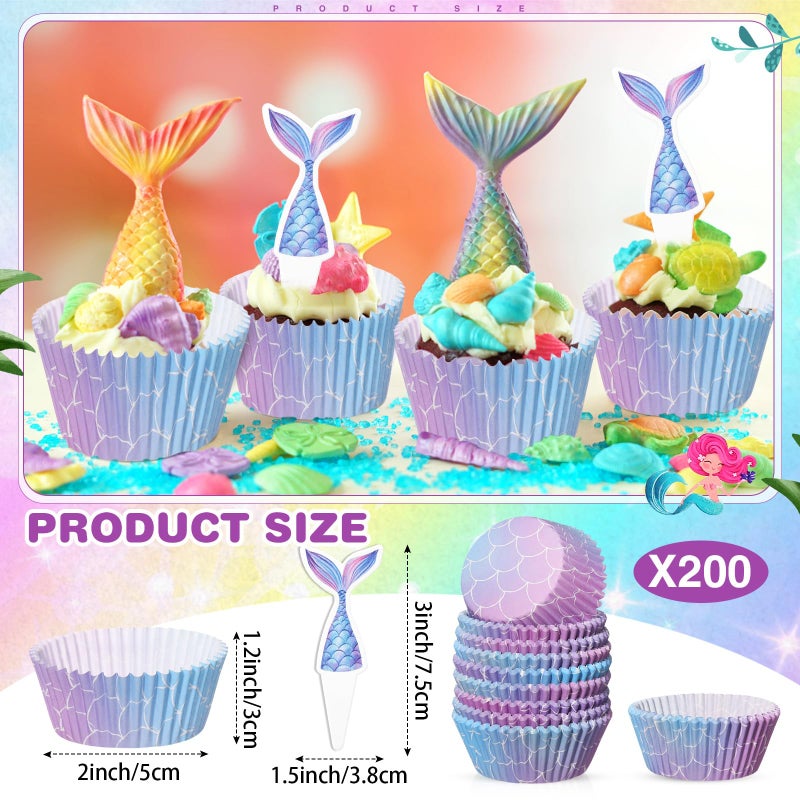 فيسيشي Vesici 200 Counts Cupcake Liners و 200 Counts Cupcake Toppers Round Cupcake Cups Cups Cuffin Liners Forgenue Bedding Baby Birthday Supplies Supplies (Mermaid) - Image 2