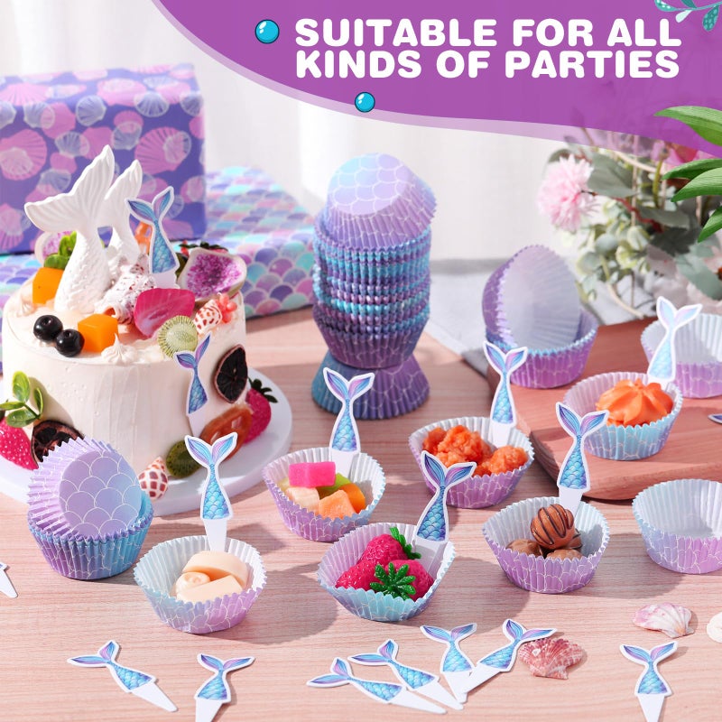 فيسيشي Vesici 200 Counts Cupcake Liners و 200 Counts Cupcake Toppers Round Cupcake Cups Cups Cuffin Liners Forgenue Bedding Baby Birthday Supplies Supplies (Mermaid) - Image 4