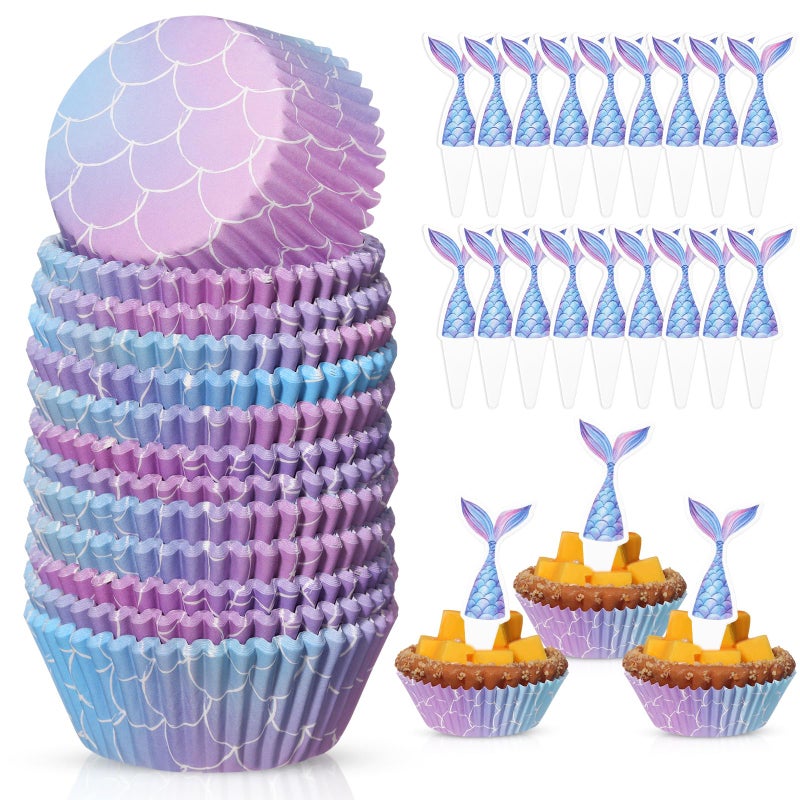فيسيشي Vesici 200 Counts Cupcake Liners و 200 Counts Cupcake Toppers Round Cupcake Cups Cups Cuffin Liners Forgenue Bedding Baby Birthday Supplies Supplies (Mermaid) - Image 1