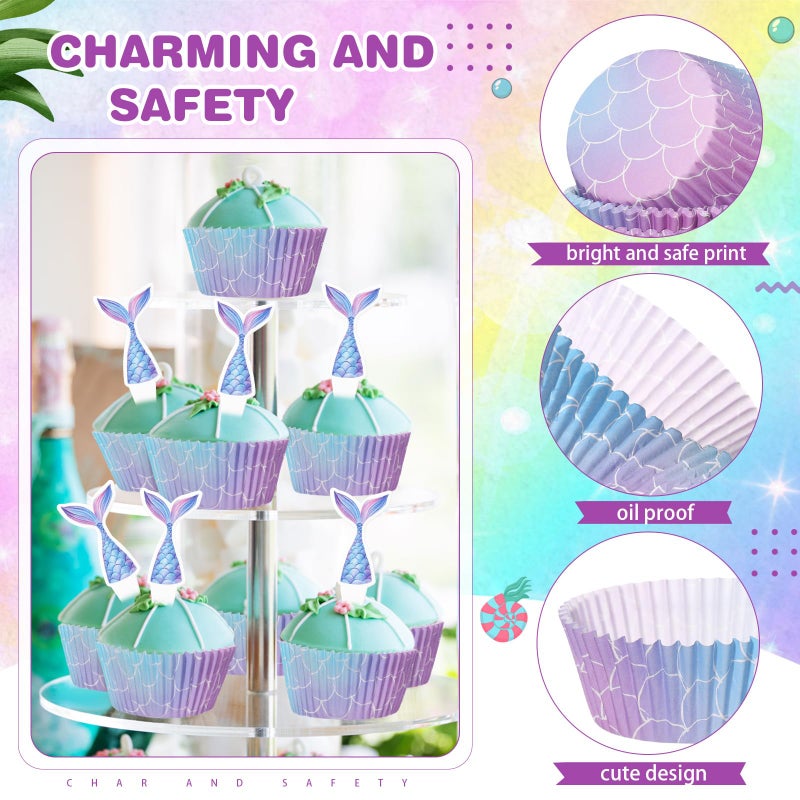 فيسيشي Vesici 200 Counts Cupcake Liners و 200 Counts Cupcake Toppers Round Cupcake Cups Cups Cuffin Liners Forgenue Bedding Baby Birthday Supplies Supplies (Mermaid) - Image 3