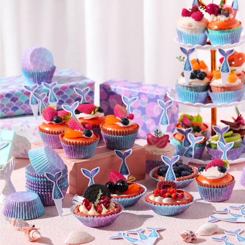 فيسيشي Vesici 200 Counts Cupcake Liners و 200 Counts Cupcake Toppers Round Cupcake Cups Cups Cuffin Liners Forgenue Bedding Baby Birthday Supplies Supplies (Mermaid) - Image 5