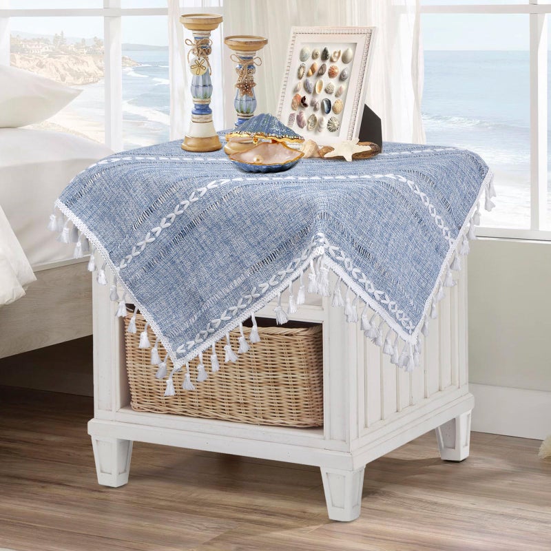 Dusty Blue and White Small Tablecloth 24x24 Boho Square Nightstand Cover Rusitc Farmhouse Coffee Table Cover for End Table Blue French Country Dresser Scarf Spring Summer Coastal Home Decor