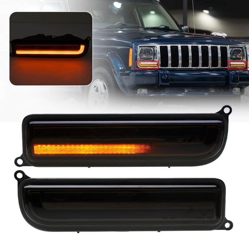 2PCS Sequential Led Front Turn Signal Lights for 19972001 Jeep Cherokee XJ Amber Led Bumper Signal Lights White Parking Light Front Corner Side Marker Lamps OEM Replacement 55055142 Smoked Lens