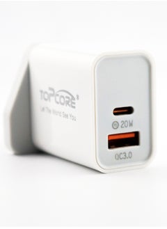 توب كور 20 وات محول طاقة USB من نوع C بتقنية PD 3.0: يشمل شاحن الحائط وكابل بطول 1 متر بواجهة USB C للشحن السريع مع شاحن الهاتف.  - Image 1
