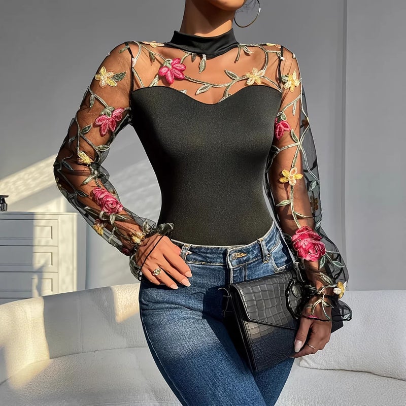 Women's Lace and Embroidered Long Sleeve Mock Neck Jumpsuit - Image 1