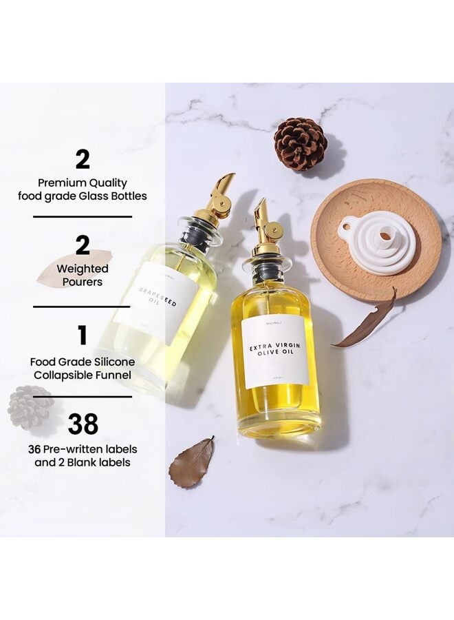 LAMAY Olive Oil Dispenser Bottles for Kitchen with Gold Pourer - Oil and Vinegar Dispenser Bottle of 350ml - Set of 2 - Image 2