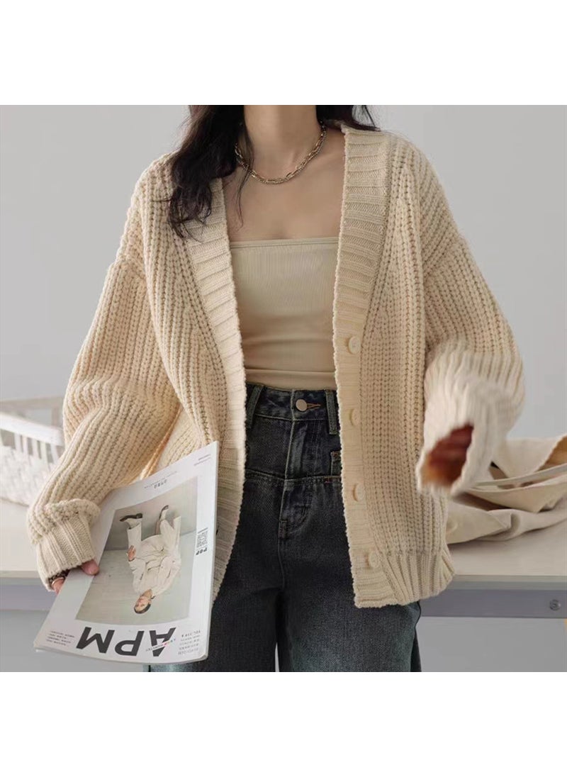 Generic - Retro Korean Style Womens Loose Collar Solid Color Knitted Cardigan Thick Stick Needle Autumn and Winter New Sweater Coat Womens All-matchRice White Rice White - Image 1