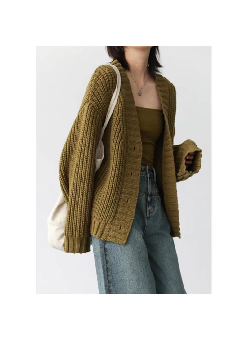 Generic - Retro Korean Style Womens Loose Collar Solid Color Knitted Cardigan Thick Stick Needle Autumn and Winter New Sweater Coat Womens All-matchRice White Rice White - Image 1