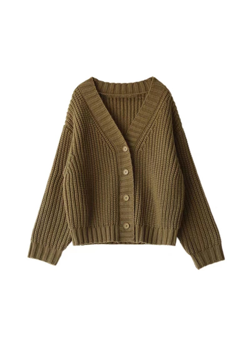 Generic - Retro Korean Style Womens Loose Collar Solid Color Knitted Cardigan Thick Stick Needle Autumn and Winter New Sweater Coat Womens All-matchRice White Rice White - Image 1