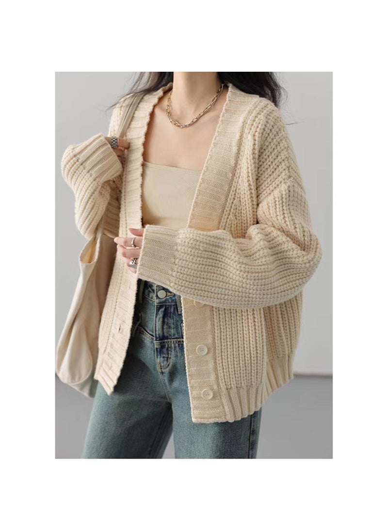 Generic - Retro Korean Style Womens Loose Collar Solid Color Knitted Cardigan Thick Stick Needle Autumn and Winter New Sweater Coat Womens All-matchRice White Rice White - Image 1