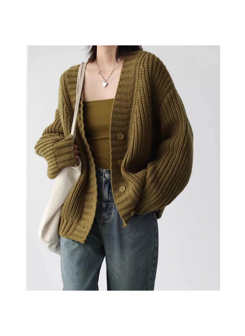 Generic - Retro Korean Style Womens Loose Collar Solid Color Knitted Cardigan Thick Stick Needle Autumn and Winter New Sweater Coat Womens All-matchRice White Rice White - Image 1