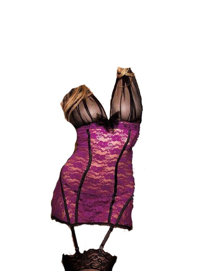 Women One Piece Nightwear Sleeveless Mesh Dress Babydoll Lingerie With Garter .  - Image 2