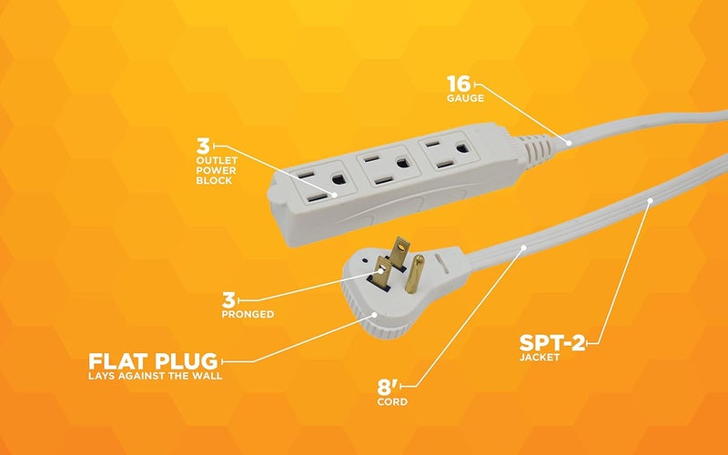Woods SlimLine 2241 Flat Plug Extension Cord, 3-Wire, 16 gauge, 8-Foot, 3 Outlet Neutral White, Indoor Extension Cord - Image 4