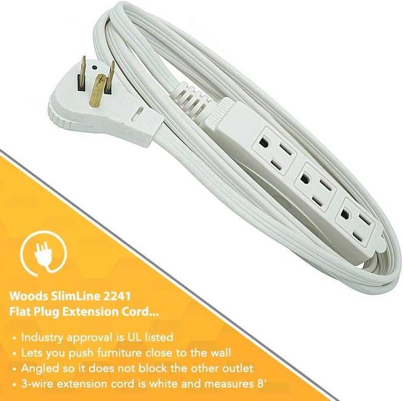 Woods SlimLine 2241 Flat Plug Extension Cord, 3-Wire, 16 gauge, 8-Foot, 3 Outlet Neutral White, Indoor Extension Cord - Image 3