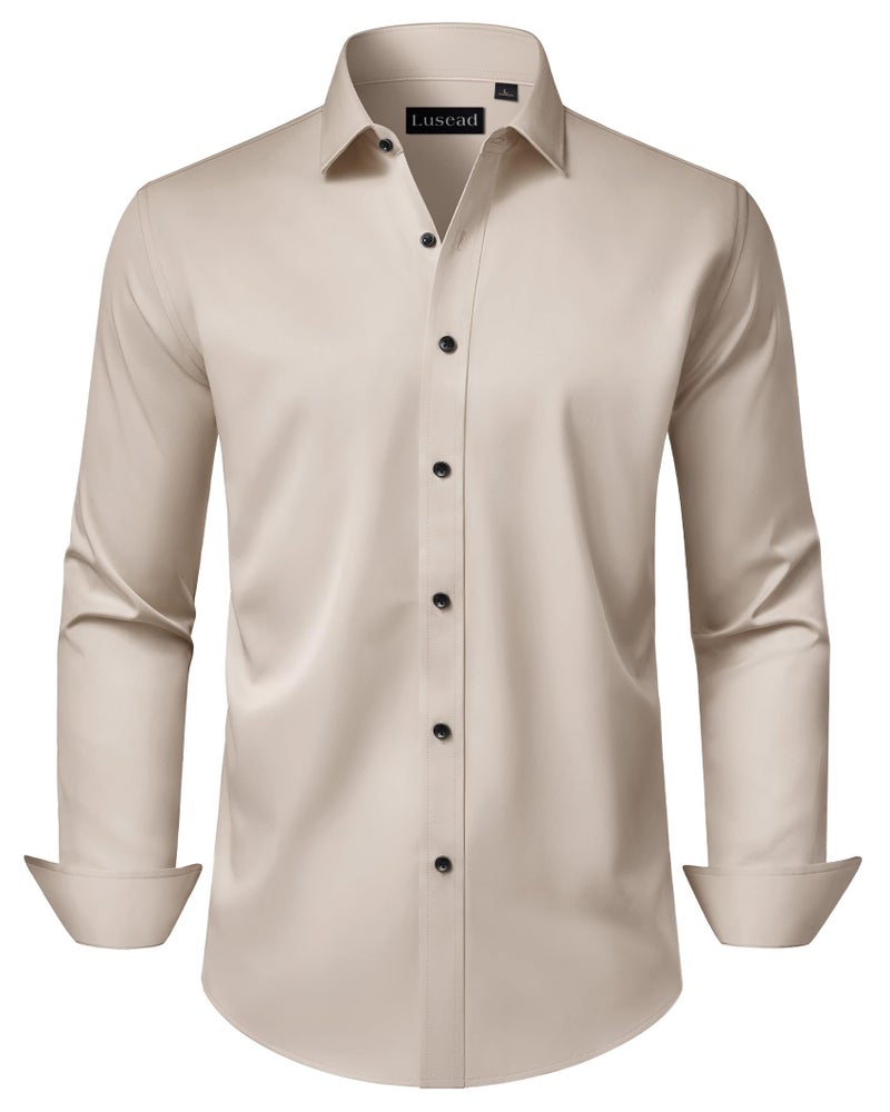 Lusead Mens Tan Dress Shirt Long Sleeve Wedding Party Stretch Wrinkle Free Button Button Down Shirts Thanksgiving Day - Image 1