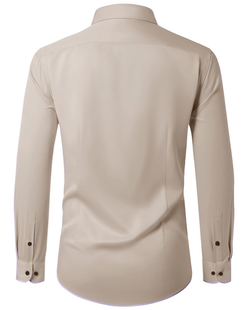 Lusead Mens Tan Dress Shirt Long Sleeve Wedding Party Stretch Wrinkle Free Button Button Down Shirts Thanksgiving Day - Image 2