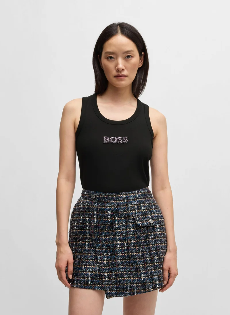 BOSS Ribbed stretch-cotton tank top with crystal logo badge