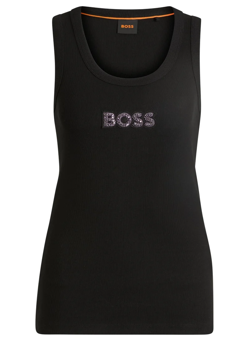 BOSS Ribbed stretch-cotton tank top with crystal logo badge