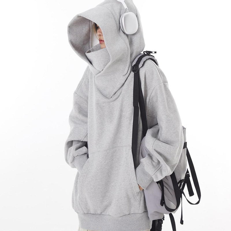European and American Society Fear Hooded Sweatshirt Womens Autumn 2023 New Loose Lazy Thickened fleece-lined Warm Jacket Gray plus velvet