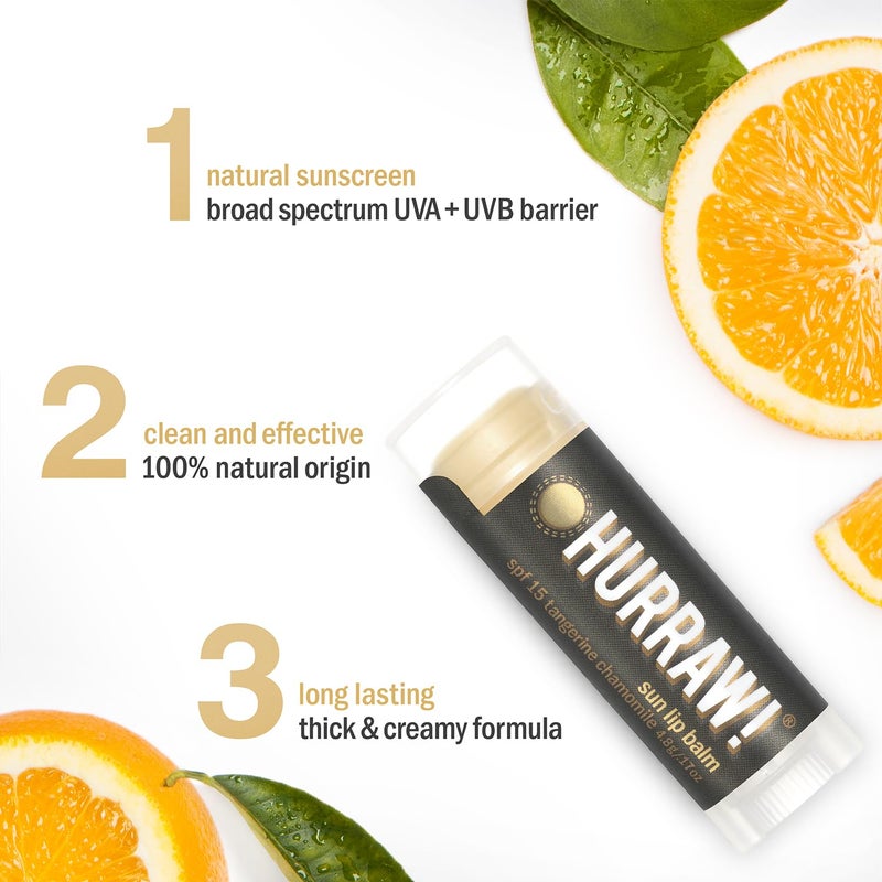 Hurraw! Sun Lip Balm (Zinc Oxide Protection, Broad Spectrum SPF 15, Tangerine, Chamomile), 3 Pack: Organic, Certified Vegan, Gluten Free. Non-GMO, All-Natural. Bee, Shea, Soy & Palm Free. Made in USA - Image 3