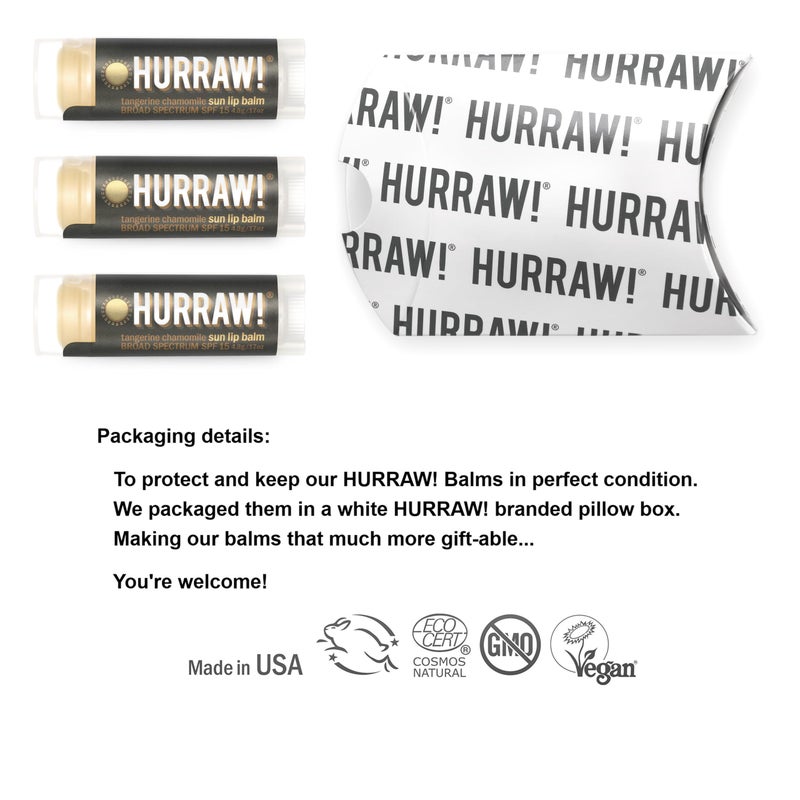Hurraw! Sun Lip Balm (Zinc Oxide Protection, Broad Spectrum SPF 15, Tangerine, Chamomile), 3 Pack: Organic, Certified Vegan, Gluten Free. Non-GMO, All-Natural. Bee, Shea, Soy & Palm Free. Made in USA - Image 2